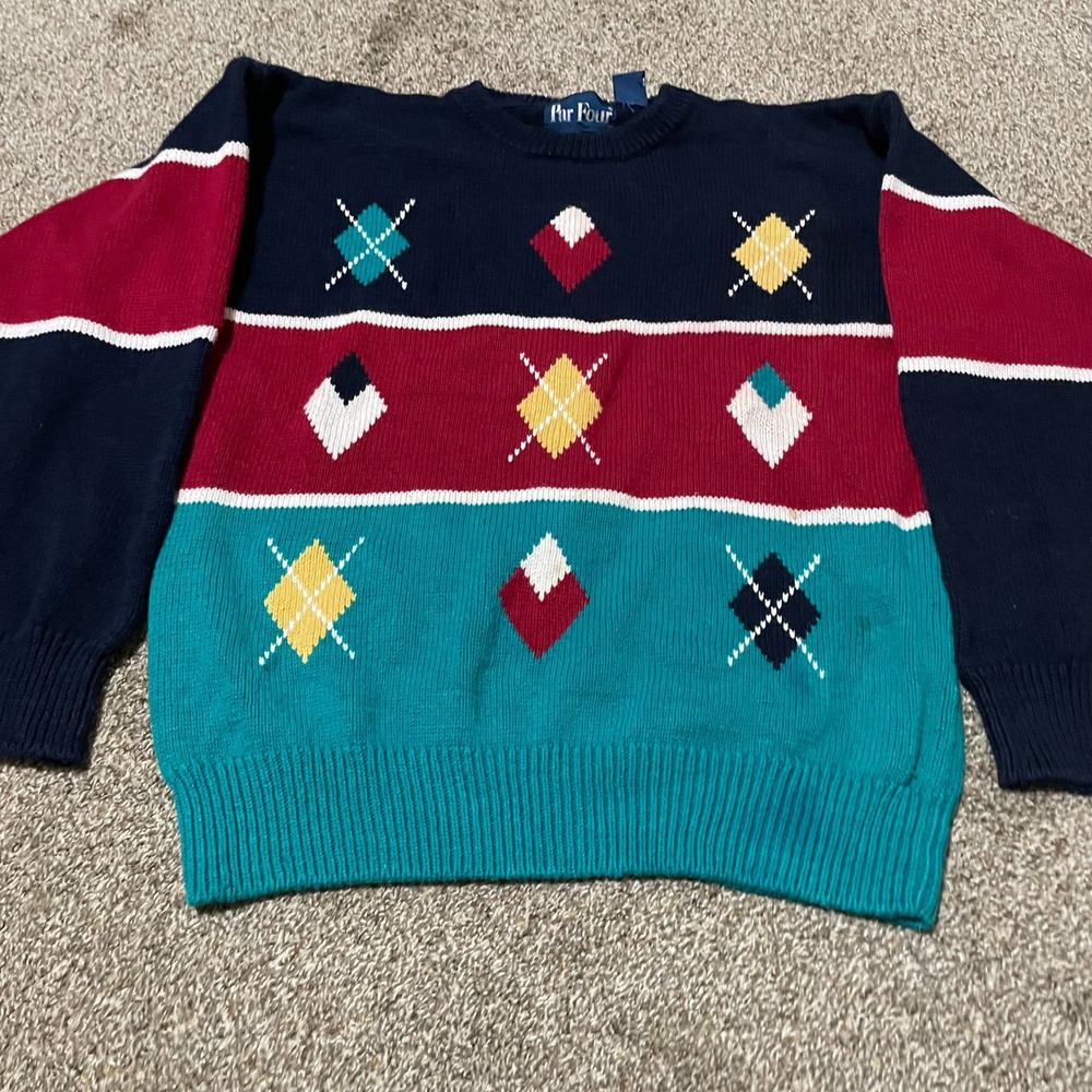 Par Four Men's Argyle Sweater Navy Blue Red Green Diamond Pattern L/G